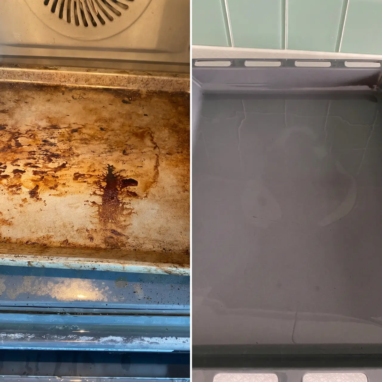 Före- och efterbild av ugnsplåt efter professionell rengöring