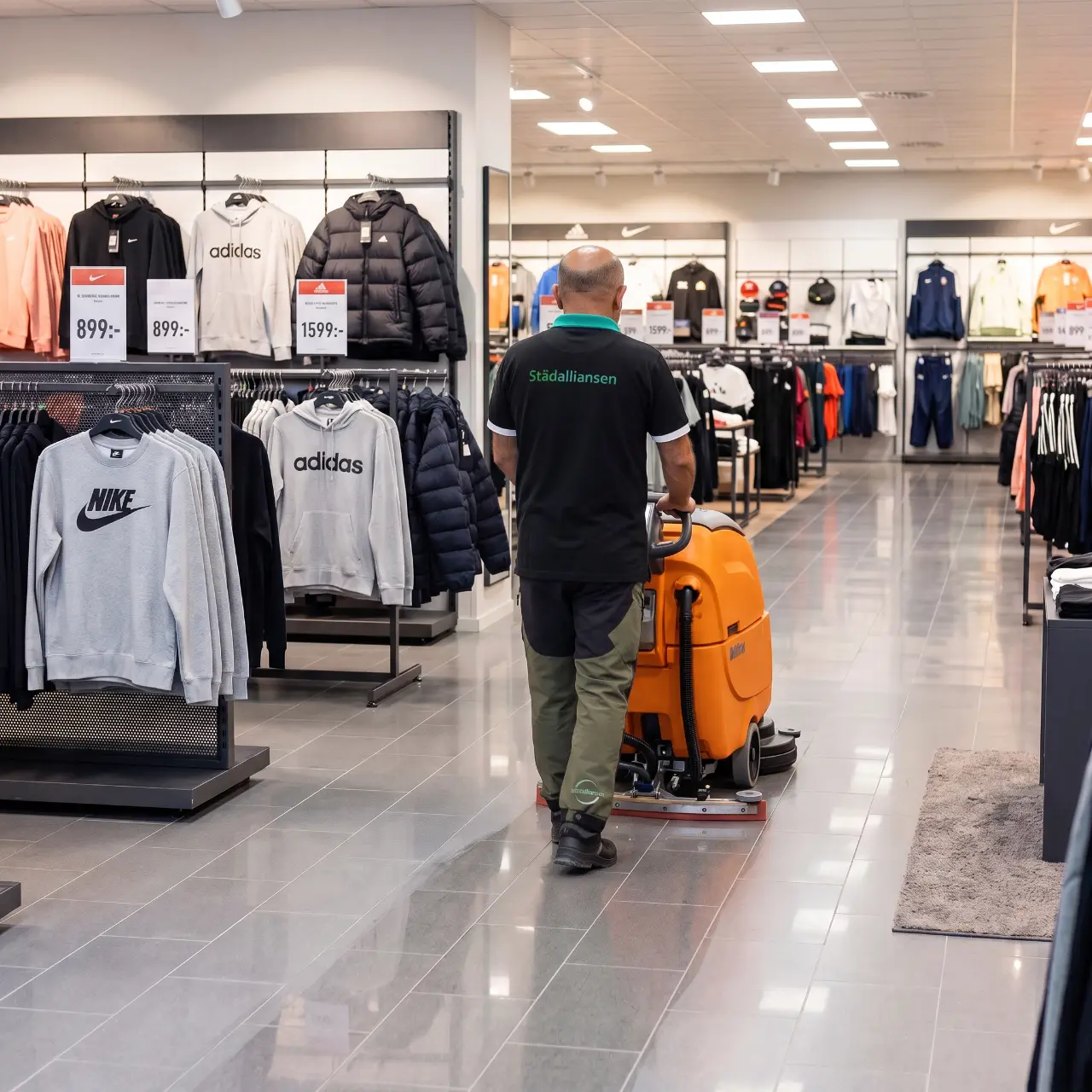Städare från Städalliansen kör golvvårdsmaskin i en klädbutik